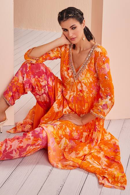 Shop_Mandira Wirk - Indian_Orange Chiffon, Viscose, Crepe Tassels, Abstract Print Tunic Dhoti Pant Set _Online_at_Aza_Fashions