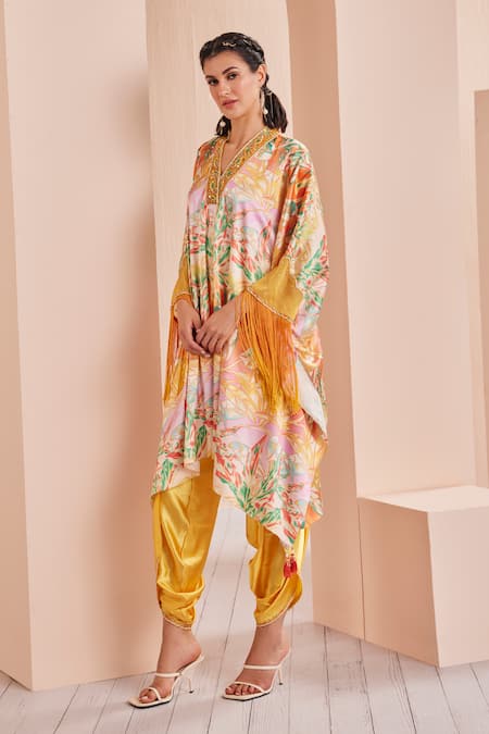 Mandira Wirk - Indian Yellow Satin, Organza Tassels V-neck Abstract Print Tunic And Dhoti Pant Set Online at Aza Fashions Mandira Wirk - Indian_Yellow Satin, Organza Tassels V-neck Abstract Print Tunic And Dhoti Pant Set _Online_at_Aza_Fashions