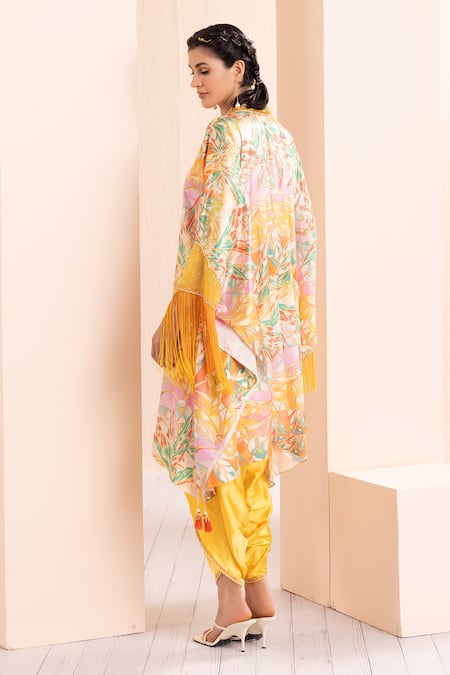 Buy Mandira Wirk - Indian Yellow Satin, Organza Tassels V-neck Abstract Print Tunic And Dhoti Pant Set Online at Aza Fashions Buy_Mandira Wirk - Indian_Yellow Satin, Organza Tassels V-neck Abstract Print Tunic And Dhoti Pant Set _Online_at_Aza_Fashions