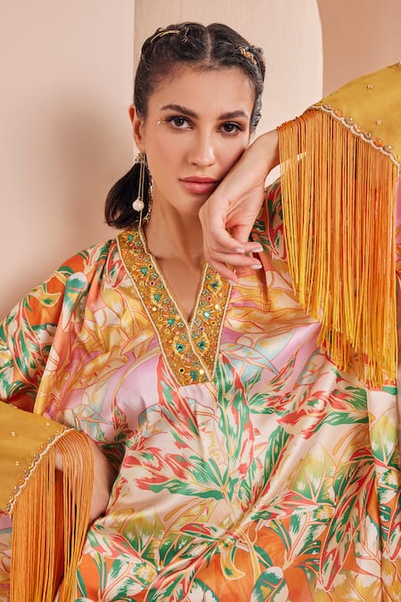 Shop Mandira Wirk - Indian Yellow Satin, Organza Tassels V-neck Abstract Print Tunic And Dhoti Pant Set Online at Aza Fashions Shop_Mandira Wirk - Indian_Yellow Satin, Organza Tassels V-neck Abstract Print Tunic And Dhoti Pant Set _Online_at_Aza_Fashions