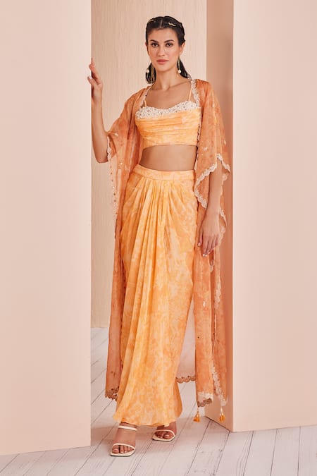 MANDIRA WIRK - Indian Orange Chiffon Printed Abstract Sweetheart Pattern Cape Skirt Set 