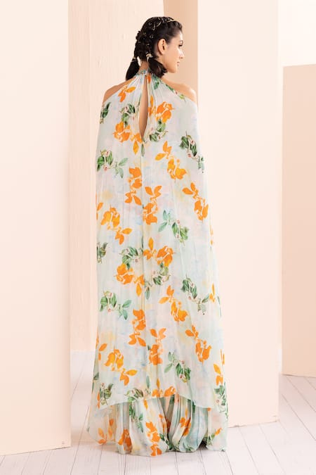 Shop_Mandira Wirk - Indian_Green Chiffon Embroidery, Mirrors Halter Neck Floral Print Draped Jumpsuit _at_Aza_Fashions