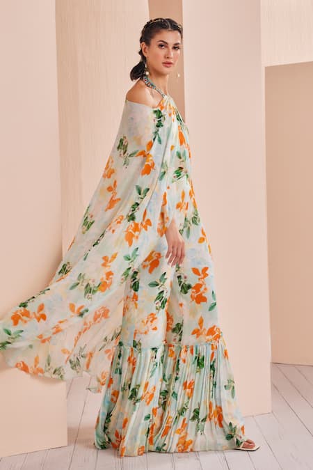 Mandira Wirk - Indian_Green Chiffon Embroidery, Mirrors Halter Neck Floral Print Draped Jumpsuit _Online_at_Aza_Fashions
