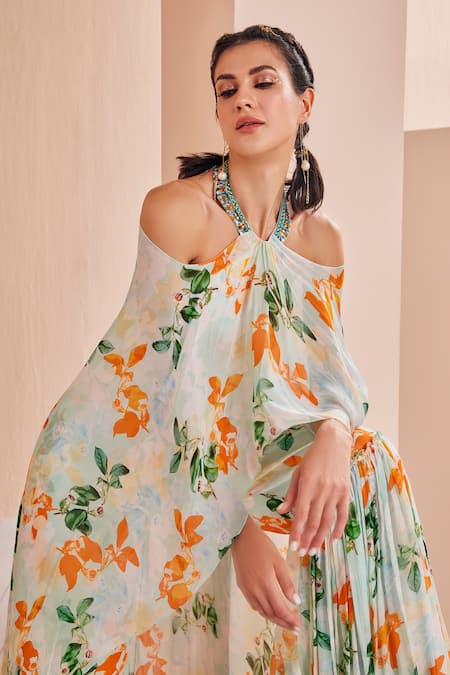Buy_Mandira Wirk - Indian_Green Chiffon Embroidery, Mirrors Halter Neck Floral Print Draped Jumpsuit _Online_at_Aza_Fashions