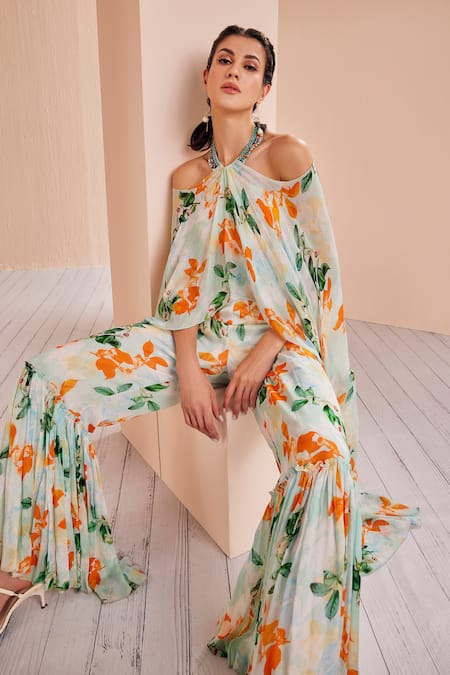 Shop_Mandira Wirk - Indian_Green Chiffon Embroidery, Mirrors Halter Neck Floral Print Draped Jumpsuit _Online_at_Aza_Fashions