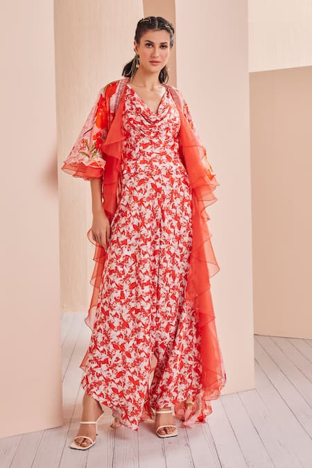 Mandira Wirk Floral Print Jumpsuit With Ruffle Cape 