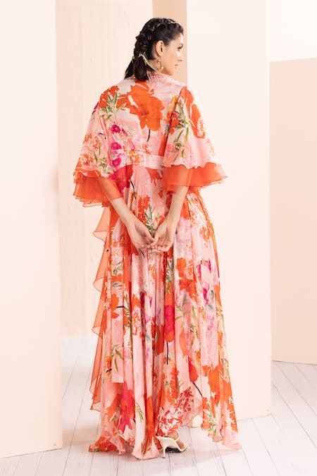 Mandira Wirk - Indian Floral Print Jumpsuit With Ruffle Cape 