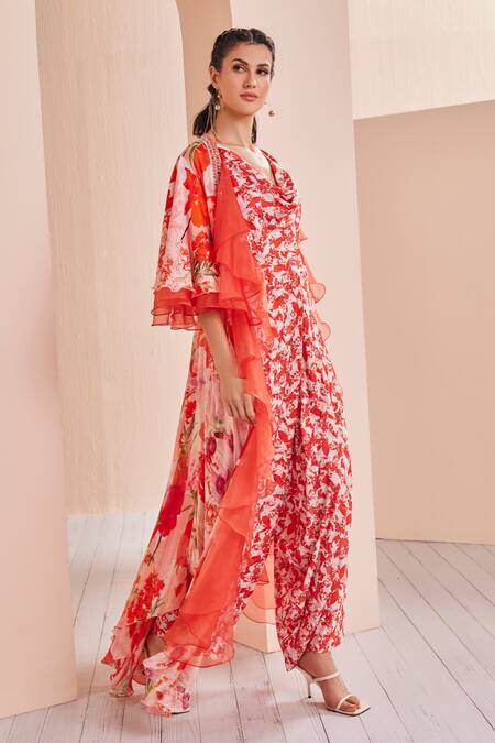 Buy_Mandira Wirk - Indian_Red Satin, Chiffon, Organza Embroidery, Floral Print Jumpsuit With Ruffle Cape _Online_at_Aza_Fashions