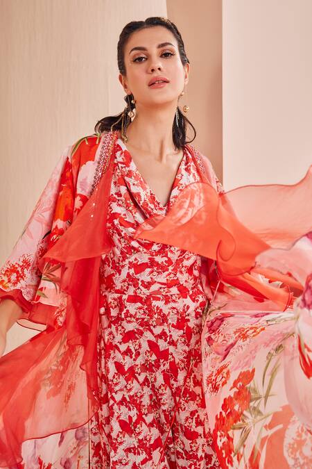 Shop_Mandira Wirk - Indian_Red Satin, Chiffon, Organza Embroidery, Floral Print Jumpsuit With Ruffle Cape _Online_at_Aza_Fashions