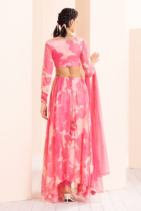 Mandira Wirk - Indian_Pink Chiffon, Lycra, Net, Cotton Beads, Abstract Print Anarkali Churidar Set _Online_at_Aza_Fashions
