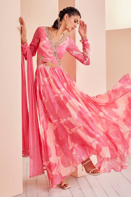 Buy_Mandira Wirk - Indian_Pink Chiffon, Lycra, Net, Cotton Beads, Abstract Print Anarkali Churidar Set _Online_at_Aza_Fashions