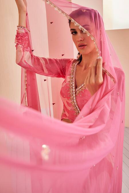 Shop_Mandira Wirk - Indian_Pink Chiffon, Lycra, Net, Cotton Beads, Abstract Print Anarkali Churidar Set _Online_at_Aza_Fashions