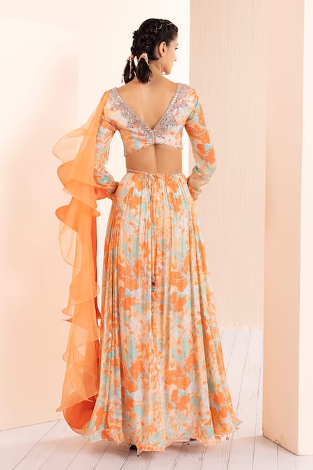 Mandira Wirk - Indian Orange Chiffon, Lycra Mirrors, Beads V-neck Abstract Print Anarkali Set Online at Aza Fashions Mandira Wirk - Indian_Orange Chiffon, Lycra Mirrors, Beads V-neck Abstract Print Anarkali Set _Online_at_Aza_Fashions