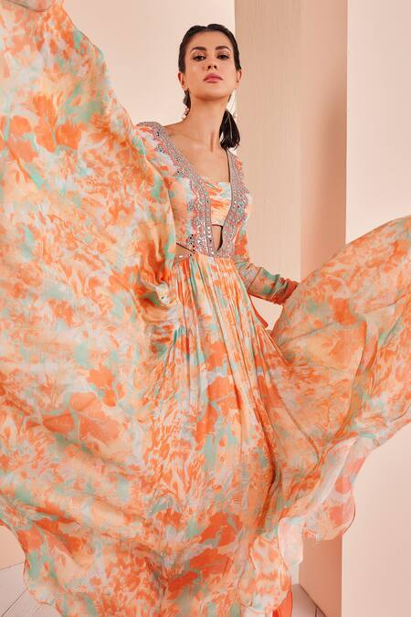 Buy Mandira Wirk - Indian Orange Chiffon, Lycra Mirrors, Beads V-neck Abstract Print Anarkali Set Online at Aza Fashions Buy_Mandira Wirk - Indian_Orange Chiffon, Lycra Mirrors, Beads V-neck Abstract Print Anarkali Set _Online_at_Aza_Fashions