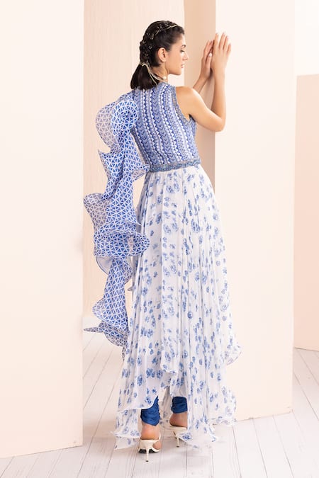 Mandira Wirk - Indian_Blue Chiffon, Modal, Satin, Organza Embroidery, Floral Print Kurta Churidar Set _Online_at_Aza_Fashions