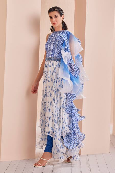 Buy_Mandira Wirk - Indian_Blue Chiffon, Modal, Satin, Organza Embroidery, Floral Print Kurta Churidar Set _Online_at_Aza_Fashions