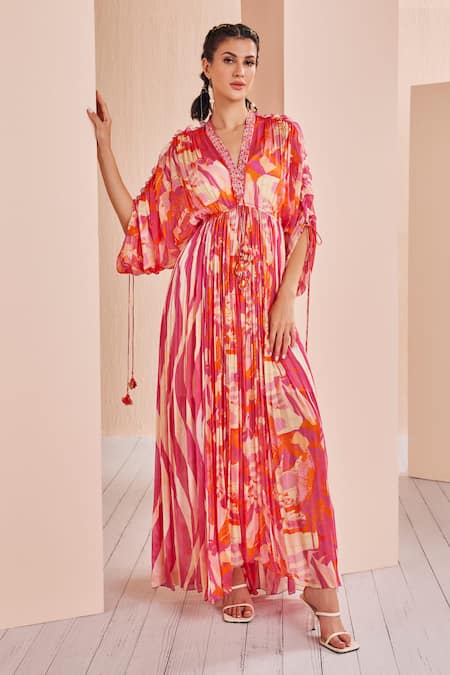 Mandira Wirk Red Kaftan Chiffon Printed Abstract V Neck Pleated And