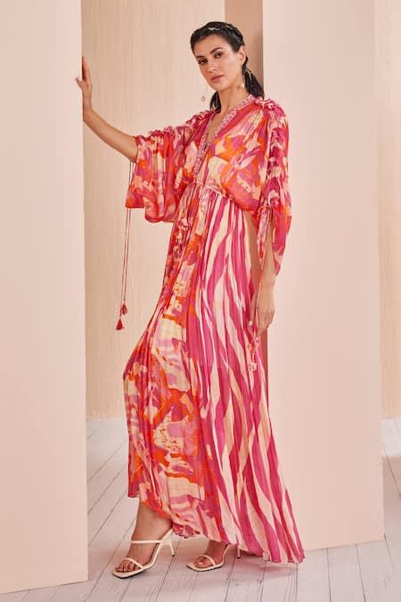 Buy Mandira Wirk - Indian Red Chiffon, Polyester Tassels, Ruffles V-neck Pleated And Printed Kaftan Online at Aza Fashions Buy_Mandira Wirk - Indian_Red Chiffon, Polyester Tassels, Ruffles V-neck Pleated And Printed Kaftan _Online_at_Aza_Fashions