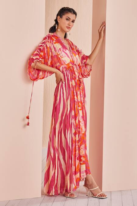 Shop Mandira Wirk - Indian Red Chiffon, Polyester Tassels, Ruffles V-neck Pleated And Printed Kaftan Online at Aza Fashions Shop_Mandira Wirk - Indian_Red Chiffon, Polyester Tassels, Ruffles V-neck Pleated And Printed Kaftan _Online_at_Aza_Fashions