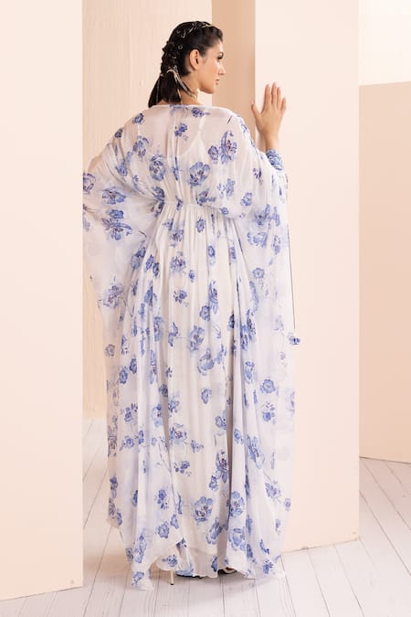 Mandira Wirk - Indian_Blue Chiffon, Polyester Embroidery V-neck Periwinkle Floral Pattern Kaftan _Online_at_Aza_Fashions