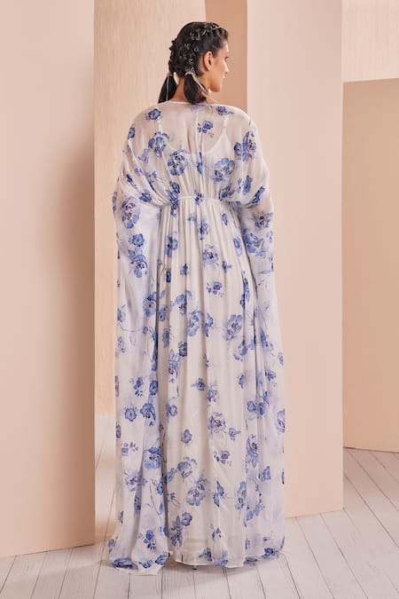Shop_Mandira Wirk - Indian_Blue Chiffon, Polyester Embroidery V-neck Periwinkle Floral Pattern Kaftan _Online_at_Aza_Fashions