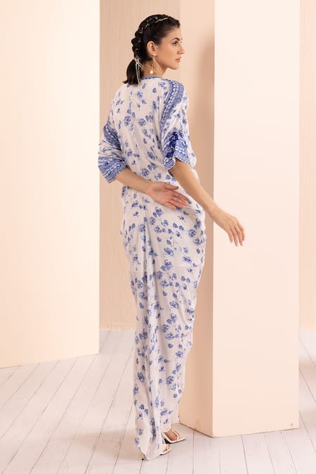 Mandira Wirk - Indian Blue Crepe, Polyester Tassels, Mirrors Periwinkle Floral Pattern Ruched Kaftan Online at Aza Fashions Mandira Wirk - Indian_Blue Crepe, Polyester Tassels, Mirrors Periwinkle Floral Pattern Ruched Kaftan _Online_at_Aza_Fashions