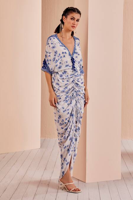 Shop Mandira Wirk - Indian Blue Crepe, Polyester Tassels, Mirrors Periwinkle Floral Pattern Ruched Kaftan Online at Aza Fashions Shop_Mandira Wirk - Indian_Blue Crepe, Polyester Tassels, Mirrors Periwinkle Floral Pattern Ruched Kaftan _Online_at_Aza_Fashions