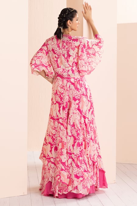 Mandira Wirk - Indian Pink Satin, Georgette, Chiffon Embroidery Printed Layered Lehenga Set With Cape Online at Aza Fashions Mandira Wirk - Indian_Pink Satin, Georgette, Chiffon Embroidery Printed Layered Lehenga Set With Cape _Online_at_Aza_Fashions