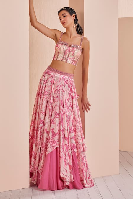 Buy Mandira Wirk - Indian Pink Satin, Georgette, Chiffon Embroidery Printed Layered Lehenga Set With Cape Online at Aza Fashions Buy_Mandira Wirk - Indian_Pink Satin, Georgette, Chiffon Embroidery Printed Layered Lehenga Set With Cape _Online_at_Aza_Fashions