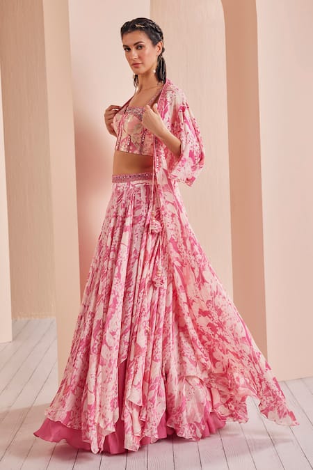 Shop Mandira Wirk - Indian Pink Satin, Georgette, Chiffon Embroidery Printed Layered Lehenga Set With Cape Online at Aza Fashions Shop_Mandira Wirk - Indian_Pink Satin, Georgette, Chiffon Embroidery Printed Layered Lehenga Set With Cape _Online_at_Aza_Fashions