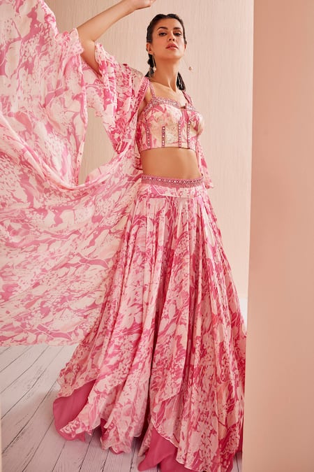 Mandira Wirk - Indian Pink Satin, Georgette, Chiffon Embroidery Printed Layered Lehenga Set With Cape at Aza Fashions Mandira Wirk - Indian_Pink Satin, Georgette, Chiffon Embroidery Printed Layered Lehenga Set With Cape _at_Aza_Fashions