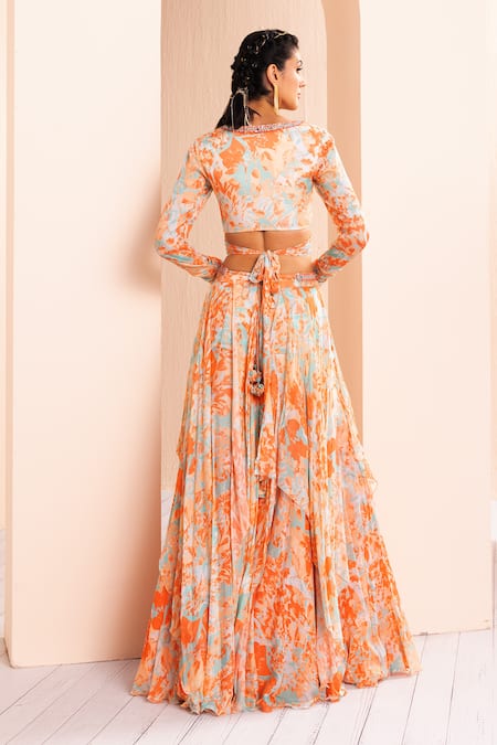 Shop Mandira Wirk - Indian Orange Chiffon Embroidery, Sequins Printed Lehenga Set With Ruffle Dupatta at Aza Fashions Shop_Mandira Wirk - Indian_Orange Chiffon Embroidery, Sequins Printed Lehenga Set With Ruffle Dupatta _at_Aza_Fashions