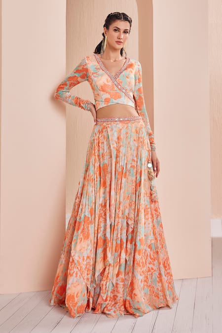 Buy Mandira Wirk - Indian Orange Chiffon Embroidery, Sequins Printed Lehenga Set With Ruffle Dupatta Online at Aza Fashions Buy_Mandira Wirk - Indian_Orange Chiffon Embroidery, Sequins Printed Lehenga Set With Ruffle Dupatta _Online_at_Aza_Fashions