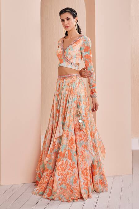 Shop Mandira Wirk - Indian Orange Chiffon Embroidery, Sequins Printed Lehenga Set With Ruffle Dupatta Online at Aza Fashions Shop_Mandira Wirk - Indian_Orange Chiffon Embroidery, Sequins Printed Lehenga Set With Ruffle Dupatta _Online_at_Aza_Fashions