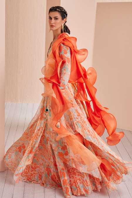 Mandira Wirk - Indian Orange Chiffon Embroidery, Sequins Printed Lehenga Set With Ruffle Dupatta at Aza Fashions Mandira Wirk - Indian_Orange Chiffon Embroidery, Sequins Printed Lehenga Set With Ruffle Dupatta _at_Aza_Fashions