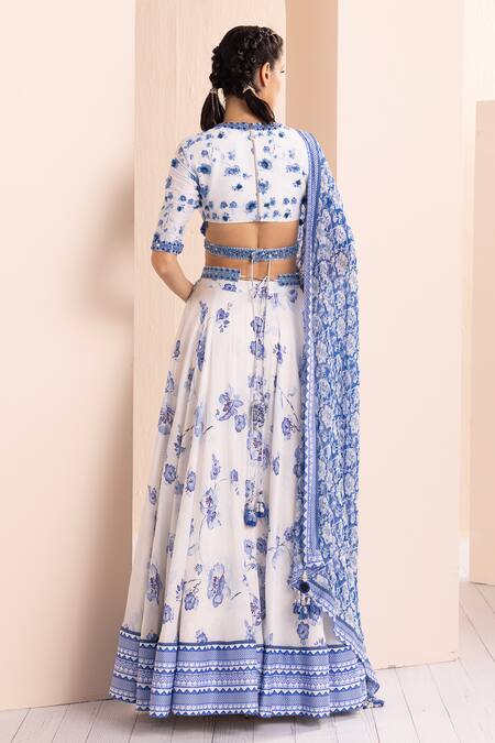 Shop_Mandira Wirk - Indian_Blue Chanderi, Georgette Embroidery V-neck Floral Print Lehenga Set _at_Aza_Fashions