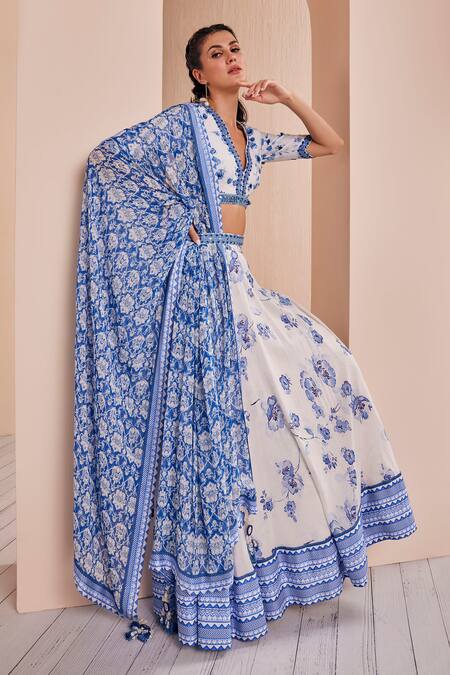 Mandira Wirk - Indian_Blue Chanderi, Georgette Embroidery V-neck Floral Print Lehenga Set _Online_at_Aza_Fashions