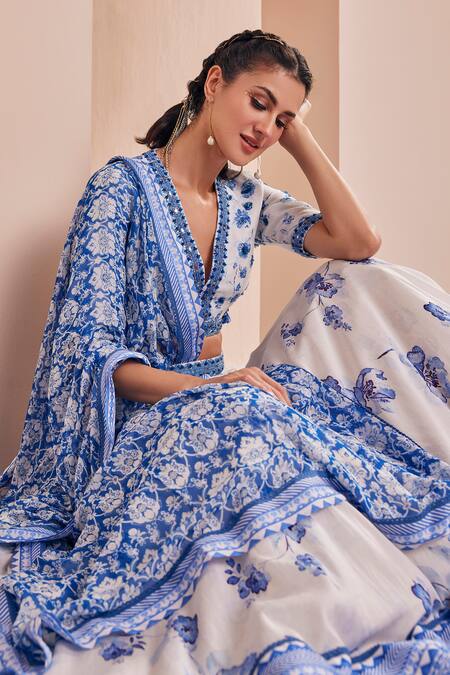 Shop_Mandira Wirk - Indian_Blue Chanderi, Georgette Embroidery V-neck Floral Print Lehenga Set _Online_at_Aza_Fashions