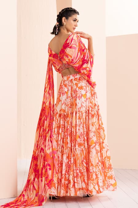 Shop Mandira Wirk - Indian Red Chiffon, Georgette, Brocade Mirrors Printed Lehenga And Draped Blouse Set at Aza Fashions Shop_Mandira Wirk - Indian_Red Chiffon, Georgette, Brocade Mirrors Printed Lehenga And Draped Blouse Set _at_Aza_Fashions