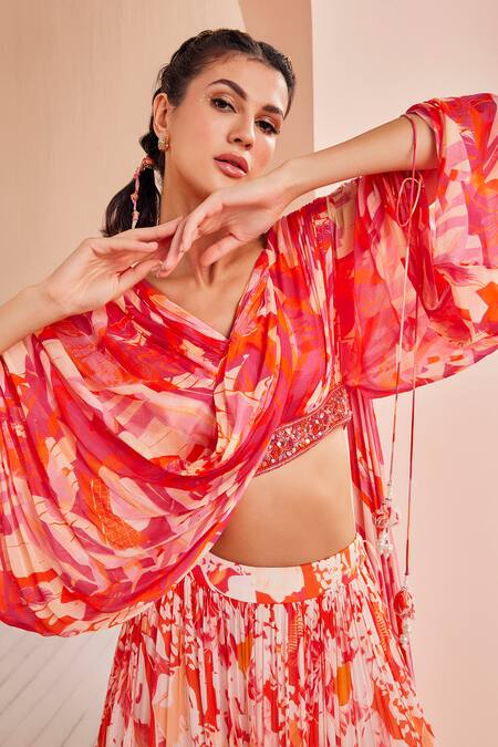 Mandira Wirk - Indian Red Chiffon, Georgette, Brocade Mirrors Printed Lehenga And Draped Blouse Set Online at Aza Fashions Mandira Wirk - Indian_Red Chiffon, Georgette, Brocade Mirrors Printed Lehenga And Draped Blouse Set _Online_at_Aza_Fashions