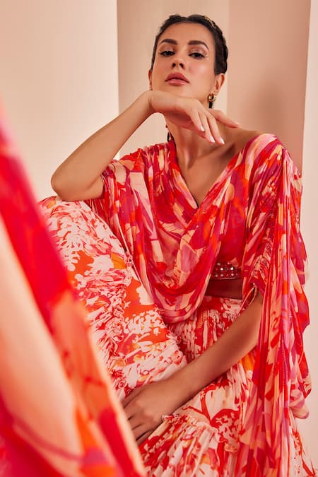 Buy Mandira Wirk - Indian Red Chiffon, Georgette, Brocade Mirrors Printed Lehenga And Draped Blouse Set Online at Aza Fashions Buy_Mandira Wirk - Indian_Red Chiffon, Georgette, Brocade Mirrors Printed Lehenga And Draped Blouse Set _Online_at_Aza_Fashions