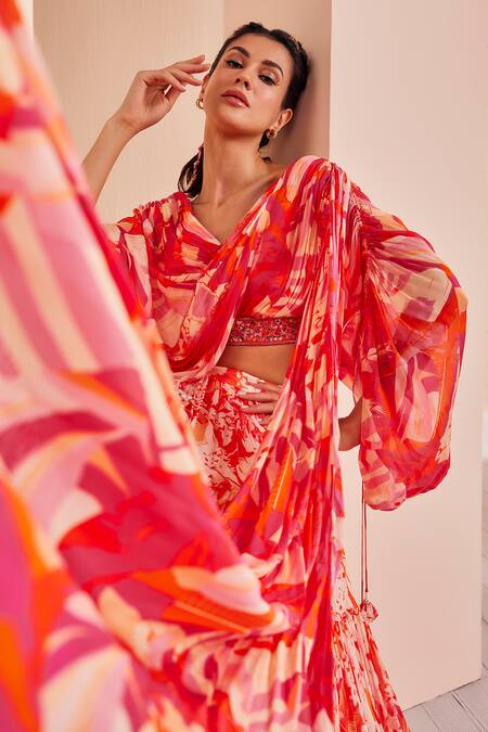 Shop Mandira Wirk - Indian Red Chiffon, Georgette, Brocade Mirrors Printed Lehenga And Draped Blouse Set Online at Aza Fashions Shop_Mandira Wirk - Indian_Red Chiffon, Georgette, Brocade Mirrors Printed Lehenga And Draped Blouse Set _Online_at_Aza_Fashions