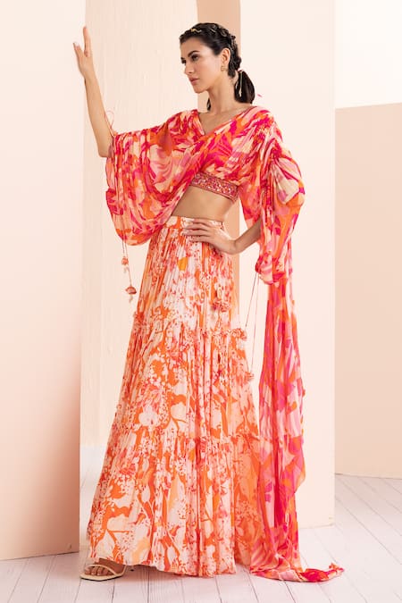 Mandira Wirk - Indian Red Chiffon, Georgette, Brocade Mirrors Printed Lehenga And Draped Blouse Set at Aza Fashions Mandira Wirk - Indian_Red Chiffon, Georgette, Brocade Mirrors Printed Lehenga And Draped Blouse Set _at_Aza_Fashions