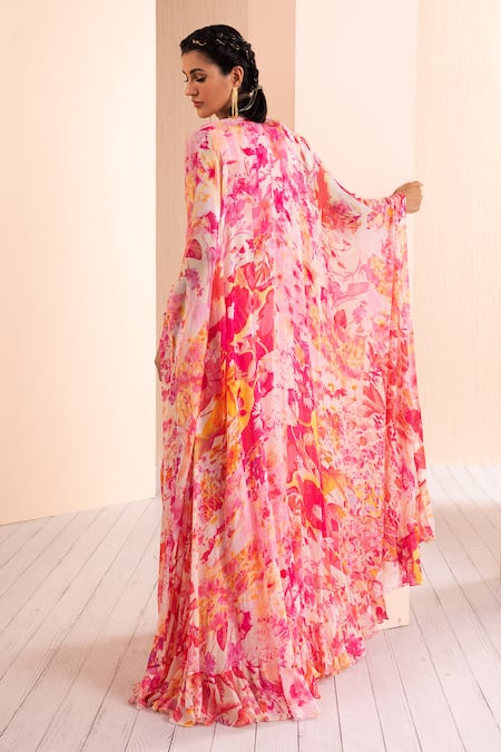 Shop Mandira Wirk - Indian Pink Chiffon V-neck Printed Sharara Set With Floral Pattern Cape at Aza Fashions Shop_Mandira Wirk - Indian_Pink Chiffon V-neck Printed Sharara Set With Floral Pattern Cape _at_Aza_Fashions