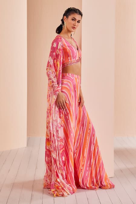 Mandira Wirk - Indian Pink Chiffon V-neck Printed Sharara Set With Floral Pattern Cape Online at Aza Fashions Mandira Wirk - Indian_Pink Chiffon V-neck Printed Sharara Set With Floral Pattern Cape _Online_at_Aza_Fashions
