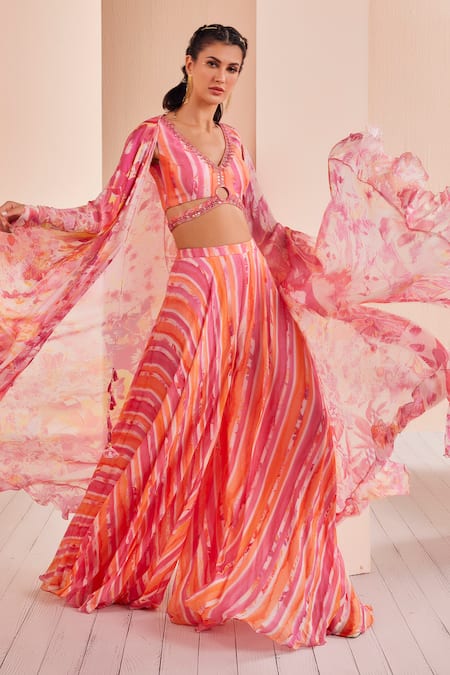 Buy Mandira Wirk - Indian Pink Chiffon V-neck Printed Sharara Set With Floral Pattern Cape Online at Aza Fashions Buy_Mandira Wirk - Indian_Pink Chiffon V-neck Printed Sharara Set With Floral Pattern Cape _Online_at_Aza_Fashions