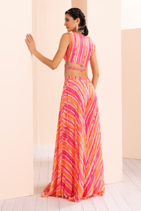 Mandira Wirk - Indian Pink Chiffon V-neck Printed Sharara Set With Floral Pattern Cape at Aza Fashions Mandira Wirk - Indian_Pink Chiffon V-neck Printed Sharara Set With Floral Pattern Cape _at_Aza_Fashions