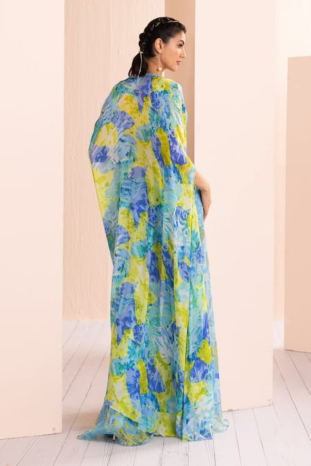 Mandira Wirk - Indian Sky Blue Chiffon Embroidery V-neck Floral Print Cape Sharara Set Online at Aza Fashions Mandira Wirk - Indian_Sky Blue Chiffon Embroidery V-neck Floral Print Cape Sharara Set _Online_at_Aza_Fashions