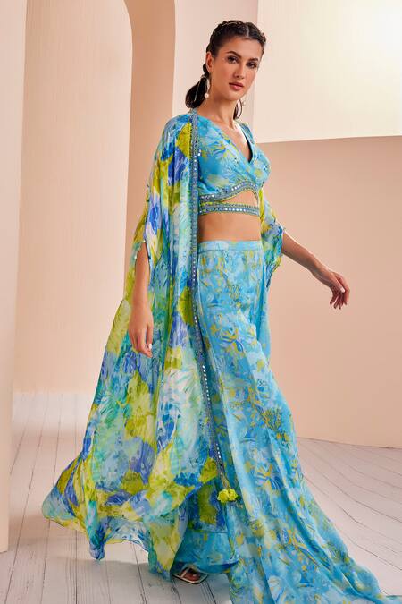 Buy Mandira Wirk - Indian Sky Blue Chiffon Embroidery V-neck Floral Print Cape Sharara Set Online at Aza Fashions Buy_Mandira Wirk - Indian_Sky Blue Chiffon Embroidery V-neck Floral Print Cape Sharara Set _Online_at_Aza_Fashions