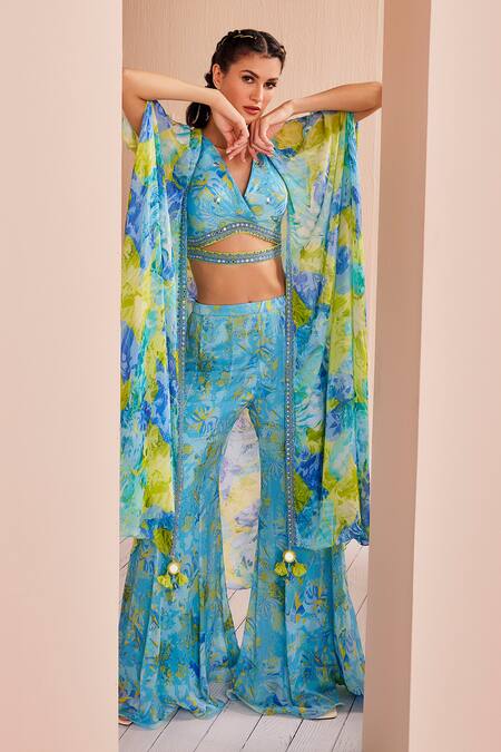 Shop Mandira Wirk - Indian Sky Blue Chiffon Embroidery V-neck Floral Print Cape Sharara Set Online at Aza Fashions Shop_Mandira Wirk - Indian_Sky Blue Chiffon Embroidery V-neck Floral Print Cape Sharara Set _Online_at_Aza_Fashions